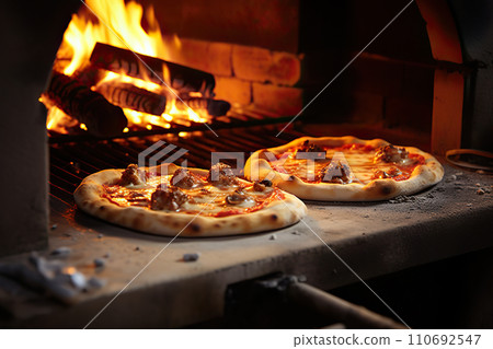An Authentic Stone-Baked Oven with Perfectly Crafted Pizzas, A Glimpse into Italian Culinary Mastery. created with Generative AI An Authentic Stone-Baked Oven with Perfectly Crafted Pizzas, A Glimpse into Italian Culinary Mastery. created with Generative AI 110692547