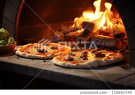 An Authentic Stone-Baked Oven with Perfectly Crafted Pizzas, A Glimpse into Italian Culinary Mastery. created with Generative AI An Authentic Stone-Baked Oven with Perfectly Crafted Pizzas, A Glimpse into Italian Culinary Mastery. created with Generative AI 110692549