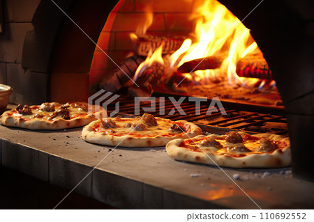 An Authentic Stone-Baked Oven with Perfectly Crafted Pizzas, A Glimpse into Italian Culinary Mastery. created with Generative AI 110692552