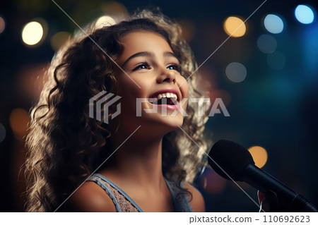 Star in the Making Young Songstress Belting Tunes, Grasping Microphone, and Enchanting the Stage - A Glimpse into the Vocal Training Journey. created with Generative AI 110692623