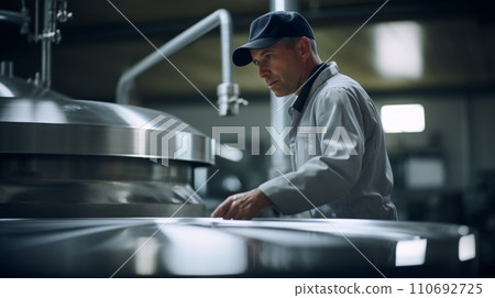 AI-generated content. Focused farmer examining fresh milk in a large stainless steel vat at dairy 110692725