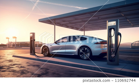 AI-generated content. Electric car charging at a solar-powered station during sunset 110692744