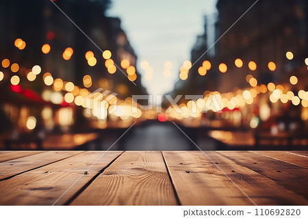 Festive Glow Product Showcase on a Wooden Table with Christmas Fair Bokeh Lights. created with Generative AI 110692820