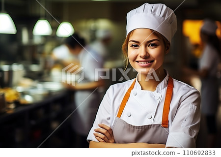 Confident Female Chef Culinary Mastery in the Heart of a Restaurant Kitchen. created with Generative AI 110692833