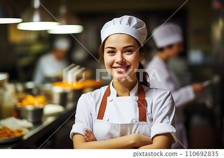 Confident Female Chef Culinary Mastery in the Heart of a Restaurant Kitchen. created with Generative AI Confident Female Chef Culinary Mastery in the Heart of a Restaurant Kitchen. created with Generative AI 110692835