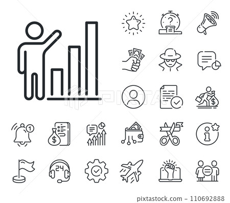 Column chart sign. Salaryman, gender equality and alert bell outline icons. Graph line icon. Growth diagram symbol. Graph chart line sign. Spy or profile placeholder icon. Vector 110692888