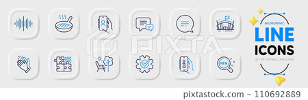 Grill pan, Deckchair and Sound wave line icons for web app. Pack of Support, Comment, Clapping hands pictogram icons. User call, New products, Text message signs. Puzzle game, Arena, Cogwheel. Vector Grill pan, Deckchair and Sound wave line icons for web app. Pack of Support, Comment, Clapping hands pictogram icons. User call, New products, Text message signs. Puzzle game, Arena, Cogwheel. Vector 110692889