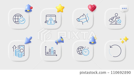 Jobless, Recovery data and Online warning line icons. Buttons with 3d bell, chat speech, cursor. Pack of Diagram graph, Time management, Inflation icon. Dog leash, World statistics pictogram. Vector Jobless, Recovery data and Online warning line icons. Buttons with 3d bell, chat speech, cursor. Pack of Diagram graph, Time management, Inflation icon. Dog leash, World statistics pictogram. Vector 110692890