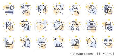 Outline set of Scroll down, Update time and Repairman line icons for web app. Include Financial app, Speech bubble, Search document pictogram icons. Biometric security, Forward, Workflow signs. Vector 110692891