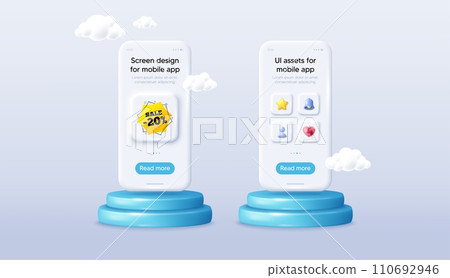 Sale 20 percent off sticker. Phone mockup on podium. Product offer 3d pedestal. Discount banner shape. Coupon bubble icon. Background with 3d clouds. Sale 20 percent promotion message. Vector 110692946