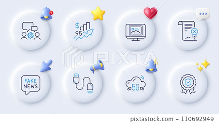 Charging cable, Insurance medal and Rise price line icons. Buttons with 3d bell, chat speech, cursor. Pack of Photo thumbnail, Reject certificate, Fake news icon. Vector 110692949