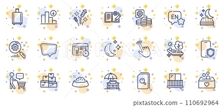 Outline set of Fireworks rocket, Baggage reclaim and Chat message line icons for web app. Include Balcony, Engineering documentation, Web timer pictogram icons. Wholesale goods. Vector 110692964