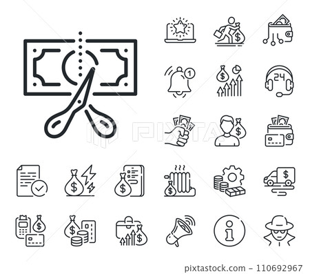 Reduction tax rate sign. Cash money, loan and mortgage outline icons. Cut tax line icon. Inflation symbol. Cut tax line sign. Credit card, crypto wallet icon. Inflation, job salary. Vector 110692967