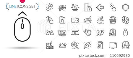 Pack of Feather, Swipe up and Online shopping line icons. Include Chemical formula, Strong arm, Shield pictogram icons. Charging station, Pin marker, 5g notebook signs. Canister oil. Vector 110692980