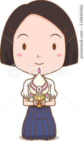 Cartoon girl student raising trays to pay homage to teachers. For Teacher's Day. 110692982