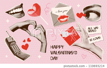 Valentine day Halftone torn out collage elements set with groovy heart shapes, eyes, hands, mouth. Gift, love letter, retro cellphone, lollipop. Trendy vintage collage vector illustration 110693214