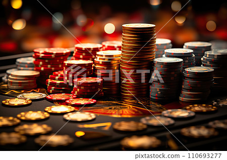 Roulette Riches A Glittering Casino Table adorned with Red and Gold Chips - A Gamblers Paradise. created with Generative AI 110693277