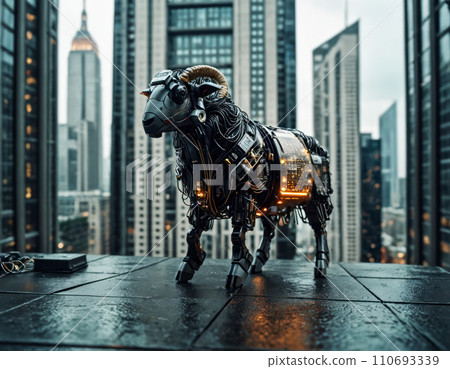 Electric sheep standing in a futuristic year Cyber sheep Cyber animal: AI-generated image 110693339