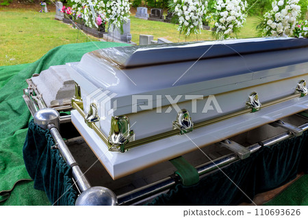 At funeral memorial service, coffin will be with deceased At funeral memorial service, coffin will be with deceased 110693626
