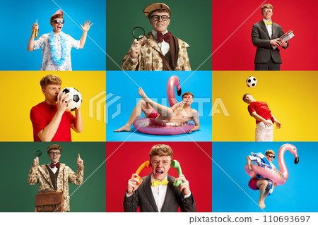 Collage made of different portraits of young man wearing different clothes, in various situations and with diverse emotions over multicolored background Collage made of different portraits of young man wearing different clothes, in various situations and with diverse emotions over multicolored background 110693697