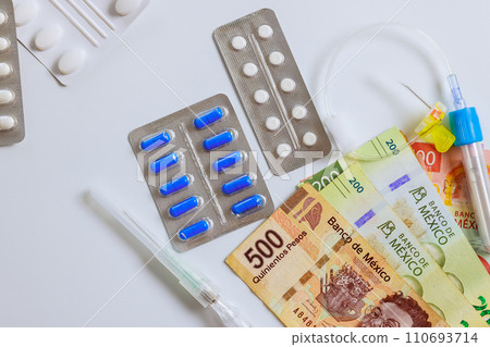 Expensive cost of medicine treatment in Mexico is extremely high is Mexican currency, drugs pills 110693714