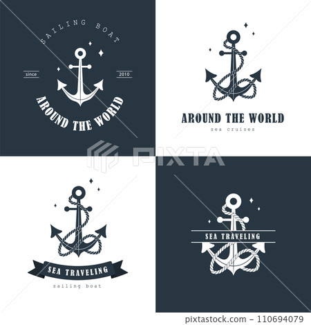 Set of sea traveling logos. Vintage stamps with anchor icons. Maritime cruise. Nautical badges collection. Vector templates for ocean voyages on black and white backgrounds 110694079