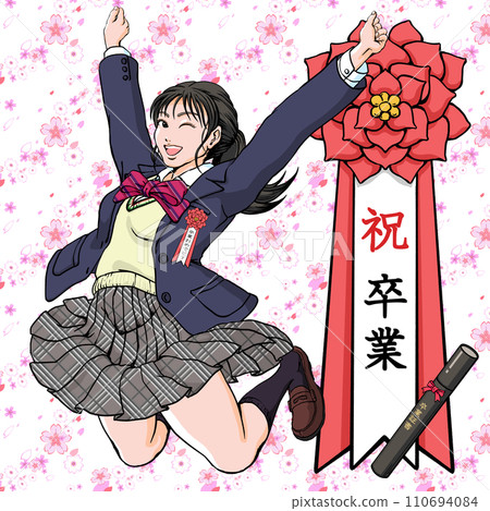 Celebrating Graduation_High school girls jumping while cheering in the cherry blossom snowstorm_Wink Celebrating Graduation_High school girls jumping while cheering in the cherry blossom snowstorm_Wink 110694084