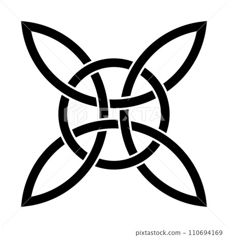 Celtic quad knot with interlaced circle. Celtic cross formed by four endless connected arcs, intertwined with a circle. Spiritual and religious symbol, used in medieval Christian ornamentation. Vector Celtic quad knot with interlaced circle. Celtic cross formed by four endless connected arcs, intertwined with a circle. Spiritual and religious symbol, used in medieval Christian ornamentation. Vector 110694169