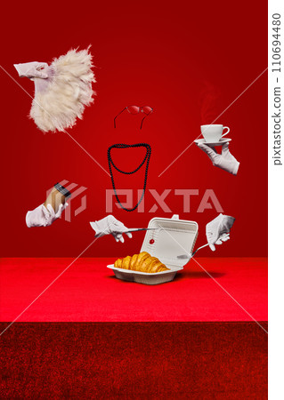 Poster for a bakery with an emphasis on fresh, hot pastries available anytime. Elegant morning meeting for coffee and croissant 110694480