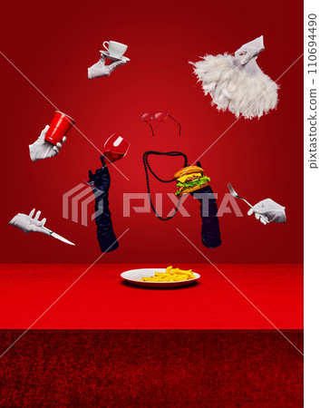 Poster for a themed restaurant where fashion meets fast food. Floating gloves hold burger, chips, wine, with fur boa and sunglasses on red background Poster for a themed restaurant where fashion meets fast food. Floating gloves hold burger, chips, wine, with fur boa and sunglasses on red background 110694490