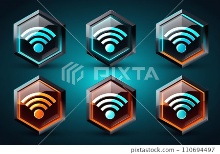AI-generated content. A set of Wi-Fi symbol icons on a dark blue background, a wireless network icon. Flat design 110694497