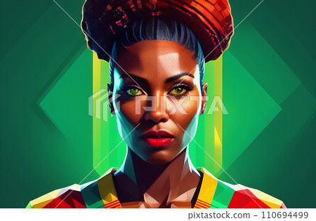 AI-generated content. Close-up of an African-American woman, a vivid head shot of a beautiful and confident woman with a determined look, modern art style 110694499