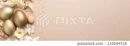 Spring background with gold Peachy Fuzz Easter eggs and fresh flowers. copy space, for text, banner. Spring background with gold Peachy Fuzz Easter eggs and fresh flowers. copy space, for text, banner. 110694516