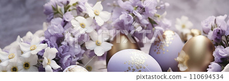 banner. Spring background with gold purple, lilac Easter eggs and fresh flowers. copy space, 110694534