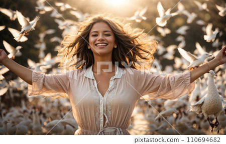 AI-generated content. Happy young woman surrounded by white doves in a beautiful sunny day AI-generated content. Happy young woman surrounded by white doves in a beautiful sunny day 110694682