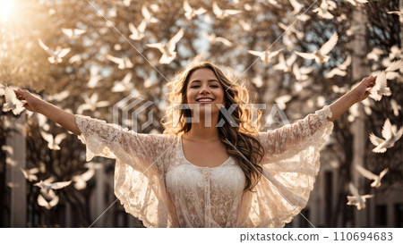 AI-generated content. Happy young woman surrounded by white doves in a beautiful sunny day AI-generated content. Happy young woman surrounded by white doves in a beautiful sunny day 110694683