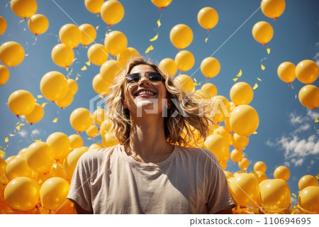 AI-generated content. Happy young woman at a celebration with balloons on a sunny summer day AI-generated content. Happy young woman at a celebration with balloons on a sunny summer day 110694695