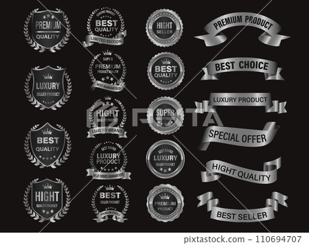 Silver luxury premium quality label badges on grey background 110694707