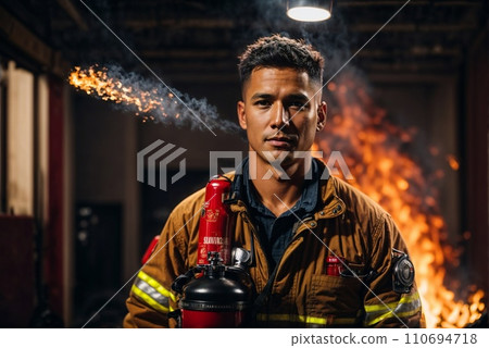 AI-generated content. Young Female Firefighter with Fire Extinguisher during Fire Incident AI-generated content. Young Female Firefighter with Fire Extinguisher during Fire Incident 110694718
