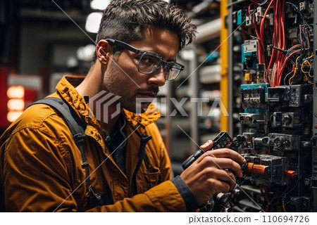 AI-generated content. Electrician in Uniform Checking Electrical Installations Near Electrical Control Panel 110694726