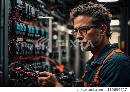 AI-generated content. Electrician in Uniform Checking Electrical Installations Near Electrical Control Panel 110694727