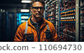 AI-generated content. Electrician in Uniform Checking Electrical Installations Near Electrical Control Panel 110694730