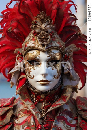 AI-generated content. Portrait in close up of a female with a Venetian carnival mask AI-generated content. Portrait in close up of a female with a Venetian carnival mask 110694731