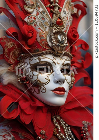AI-generated content. Portrait in close up of a female with a Venetian carnival mask 110694733