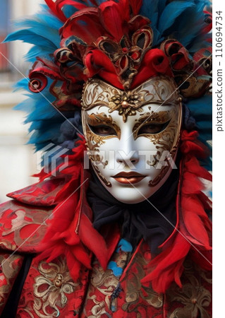 AI-generated content. Portrait in close up of a female with a Venetian carnival mask 110694734