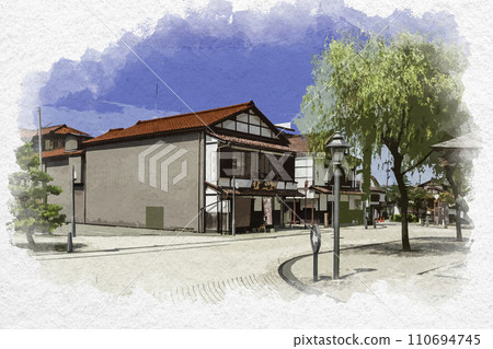 水彩風格山城溫泉溫泉小鎮石川縣加賀市 水彩風格山城溫泉溫泉小鎮石川縣加賀市 110694745