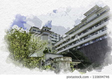 Watercolor style Yamashiro Onsen hot spring town Kaga City, Ishikawa Prefecture 110694746
