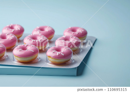 Pill blister with donuts instead of pills. Sugar addiction, diabetes, obesity, overweight, weight loss medical treatment. Unhealthy food, anti-stress comfort food, sweet drugs, medicaments and sweets 110695315