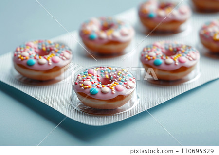 Pill blister with donuts instead of pills. Sugar addiction, diabetes, obesity, overweight, weight loss medical treatment. Unhealthy food, anti-stress comfort food, sweet drugs, medicaments and sweets 110695329