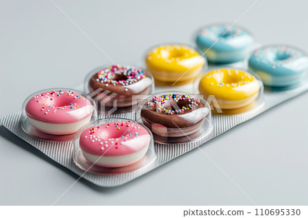Pill blister with donuts instead of pills. Sugar addiction, diabetes, obesity, overweight, weight loss medical treatment. Unhealthy food, anti-stress comfort food, sweet drugs, medicaments and sweets 110695330